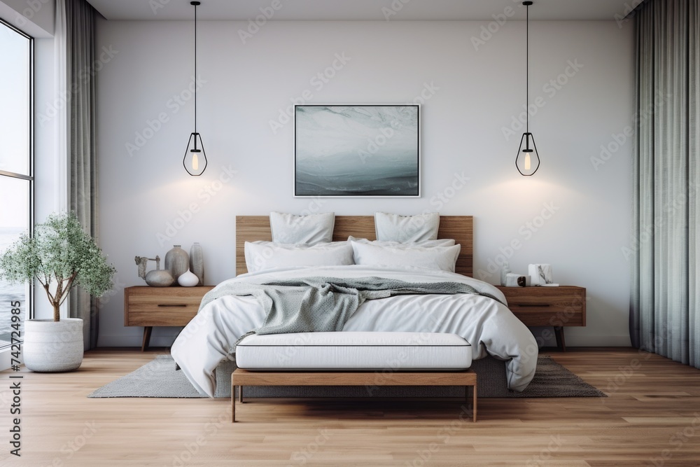 Bedroom with a large bed and a painting on the wall, suitable for interior design concepts Bedroom with a large bed and a painting on the wall, suitable for interior design concepts