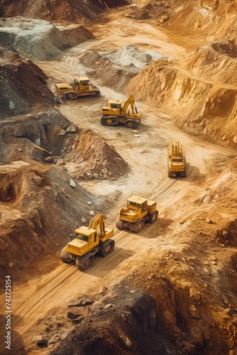 Group of dump trucks driving down a dirt road, suitable for construction or transportation concepts