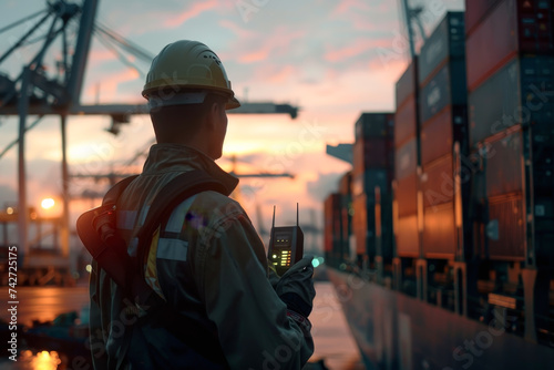 Back side a logistics engineer, foreman, worker control loading containers box from Cargo freight ship at sunset, Container cargo logistic sea port freight shipping transportation concept.