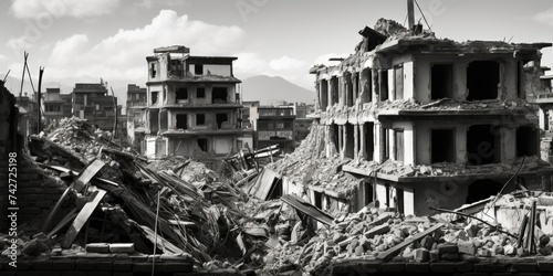 A black and white photo of a destroyed building. Suitable for architectural and urban decay themes