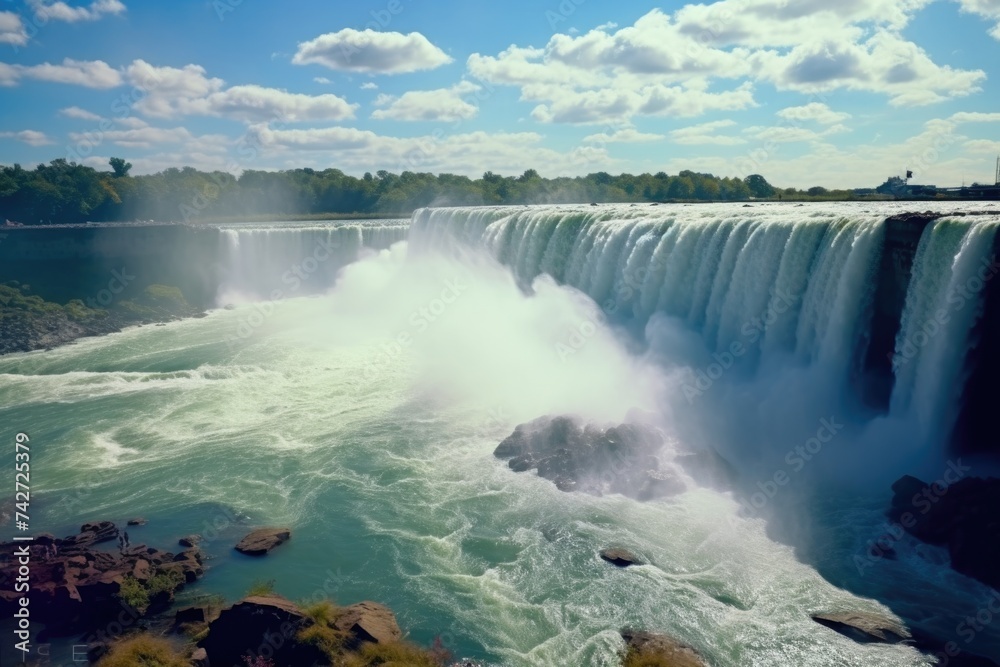 A stunning image of a large waterfall with a powerful flow. Perfect for nature and travel concepts A stunning image of a large waterfall with a powerful flow. Perfect for nature and travel concepts