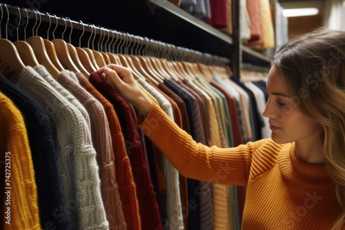 A woman browsing a rack of sweaters. Ideal for fashion or retail concepts