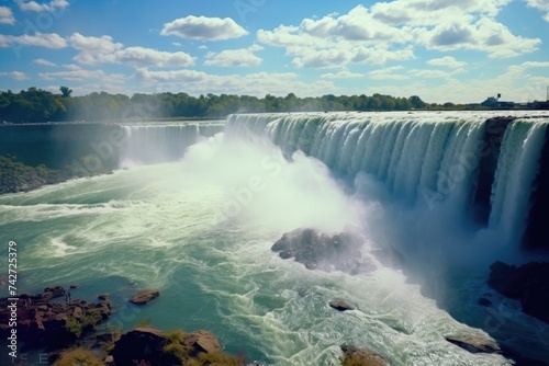 A stunning image of a large waterfall with a powerful flow. Perfect for nature and travel concepts