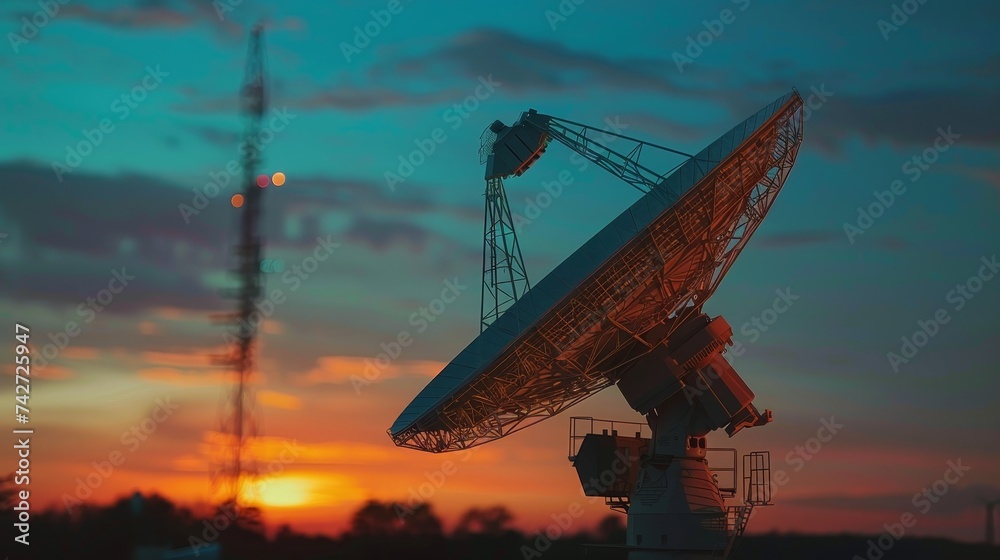 A radio telescope antenna stands silhouetted against a vibrant sunset sky, symbolizing human quest for extraterrestrial communication.