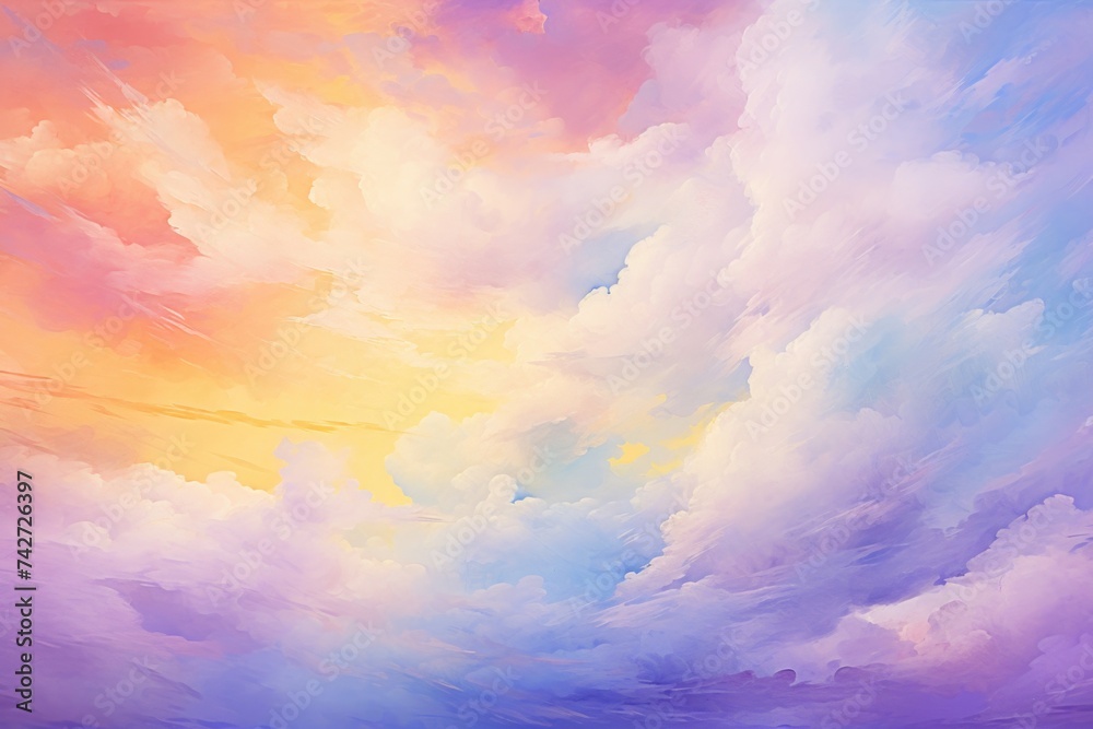Vibrant painting of a sky filled with colorful clouds. Perfect for backgrounds or nature-themed designs