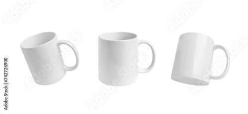 Three positions showcase a classic white mug transparent. Versatile image perfect for Print-on-Demand design promotion, marketing, and advertising