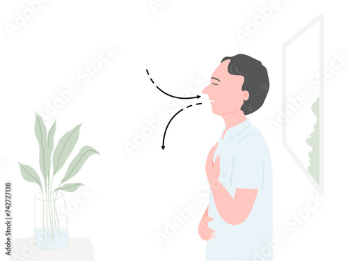A man standing alone in home and breathing fresh air for manage his stress and anxiety in flat vector illustration.