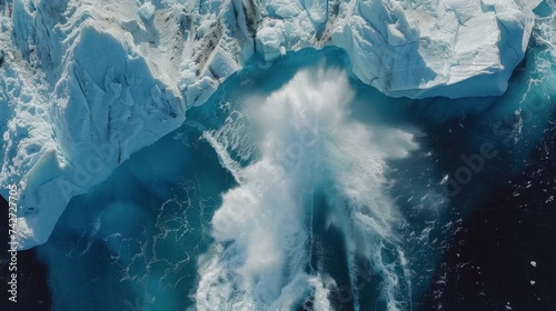 A big icefield in the water as seen from the top, a chunk of ice is falling off an iceberg into the water causing a big wave because of climate change