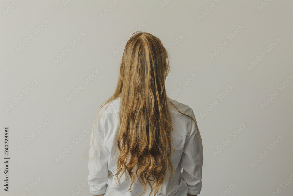 A girl with beautiful long blonde hair stands back wall - obrazy, fototapety, plakaty 
