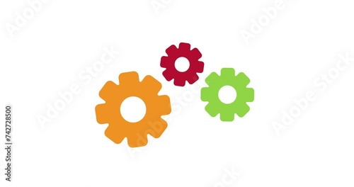Unity in gear motion. Gear wheels turning together. Three gear rotating, settings, configuration concept animation. 4K high quality white screen video.