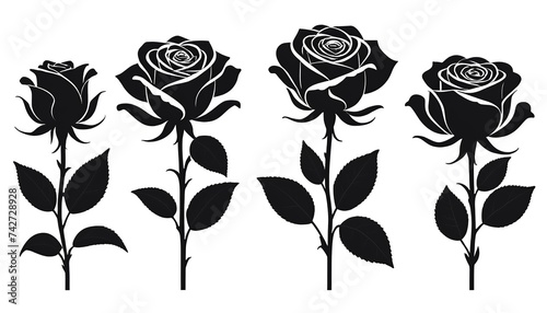 Modern Flat Style Vector of Black Rose Flower Silhouettes