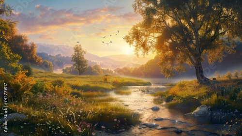 Golden Sunset Over a Picturesque River with Lush Meadows and a Tranquil Environment