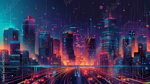 Futuristic Cityscape Glow - A neon-lit skyline with holographic elements and a vibrant nocturnal atmosphere. Perfect for conveying advanced urban development and the integration of technology in moder #742729121