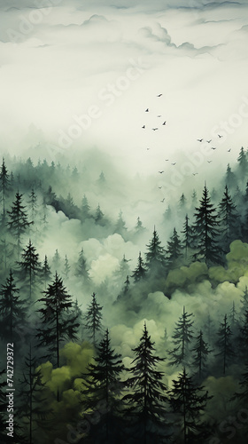 Vertically aligned Beautiful foggy mountain range landscape with pine forest covered with mist and birds flying around in the morning