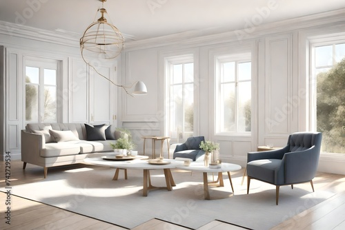 Modern Hampton style interior design in livingroom. Lighting and sunny house with large classic windows. Mock up wall. 3d rendering illustration. © Muhammad