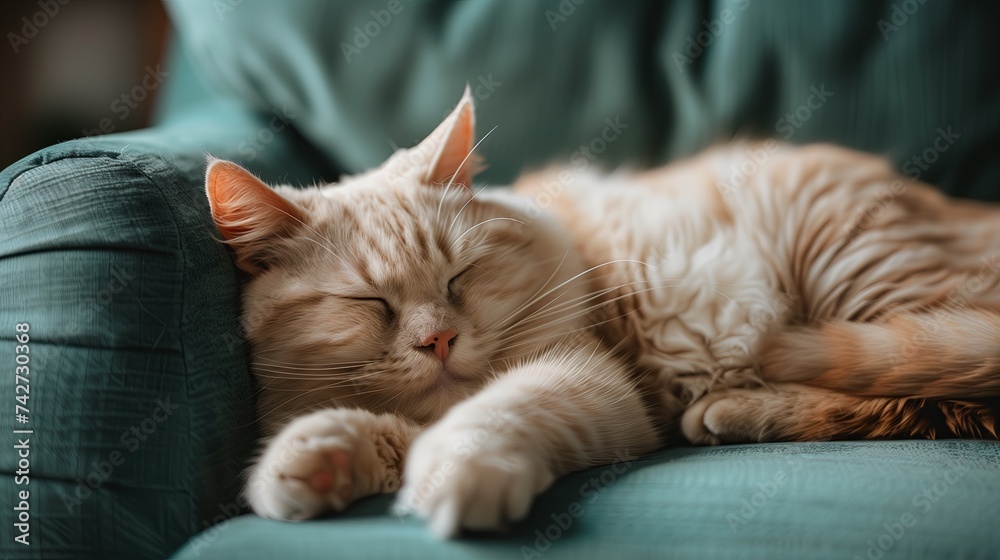 Obraz premium Fat tabby cat sleeping on the sofa, close up cat.