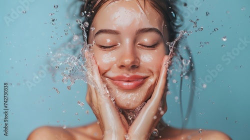 Beautiful Model Woman with splashes of water in her hands. Beautiful Smiling girl under splash of water with fresh skin over blue background. Skin care, Cleansing and moisturizing concept. Beauty face photo
