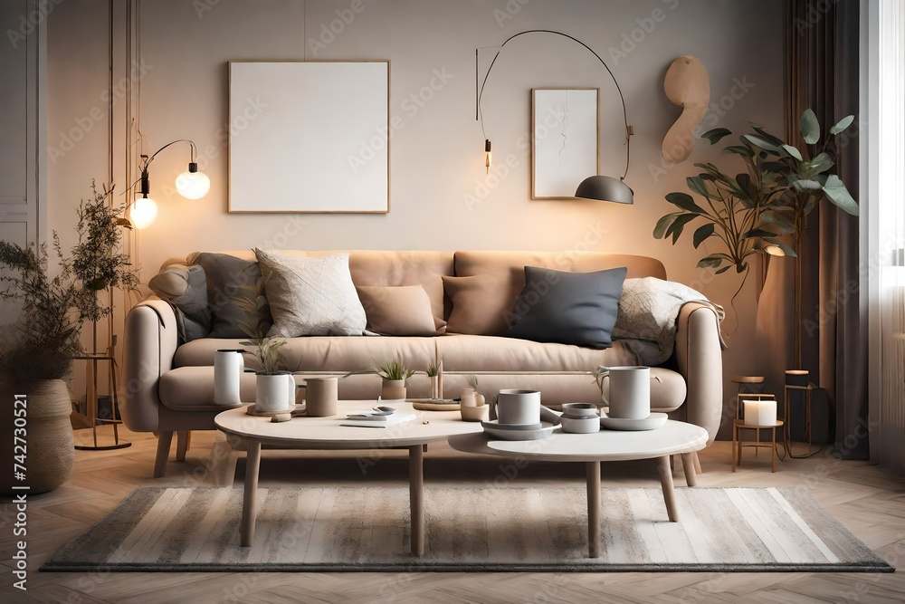 Scandinavian style designed living room interior scene close-up in the evening. Scandinavian style designed living room interior scene close-up in the evening.