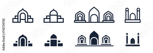 minimalist mosque dome logo icon template set. Islamic masjid logo symbol template. Muslim linear mosque icon isolated vector illustration