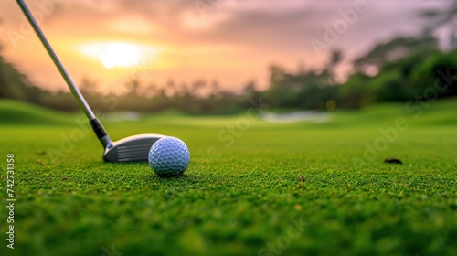 Serenity of a golf course at dawn, focusing on a golf ball perched on a tee with a golfer's driver club ready for an early morning game. 