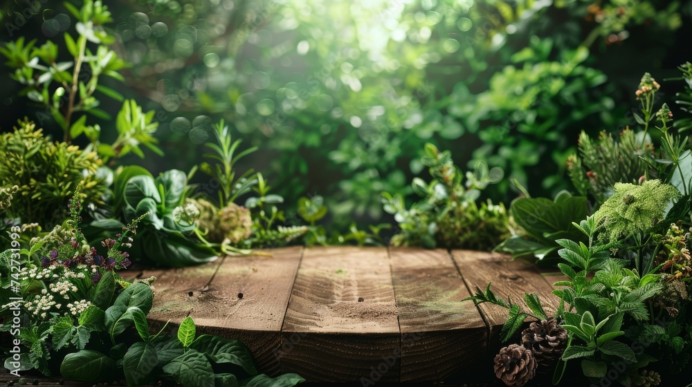 An empty rustic wooden table surrounded by vibrant green plants and foliage in a lush garden setting.