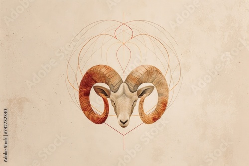 A detailed drawing of a rams head with long, curved horns, showcasing the majestic and powerful symbol of the zodiac sign Aries photo
