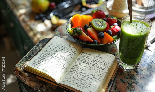 An open diary with a diet plan written in it, alongside a glass of green smoothie and a bowl of mixed fruits, emphasis on the handwriting, textures of the paper, smoothie, and fruits, natural morning © Olha