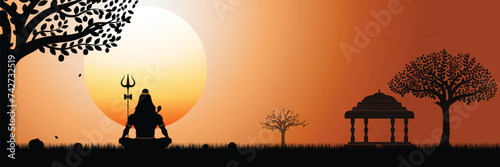 illustration of Lord Shiva meditation pose on natural landscape background. 