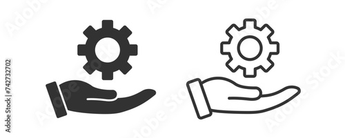 Hand holding gear icon. Technology symbol. Setting in the hand. Machine cogwheel. Support service.