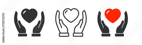 Hand holding heart icon. Health care. Giving love. Human hope. Medicine protection. Charity sign.