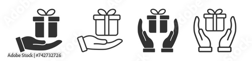 Hand holding surprise icon. Christmas, birthday present. Box with ribbon. Celebration sign.