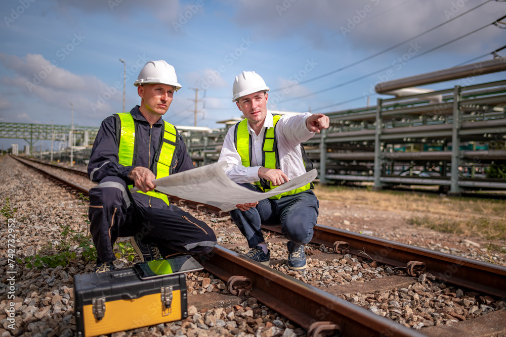 Engineer under inspection and checking construction process railway switch and checking work on railroad station .Engineer wearing safety uniform and safety helmet in work. Engineer under inspection and checking construction process railway switch and checking work on railroad station .Engineer wearing safety uniform and safety helmet in work.