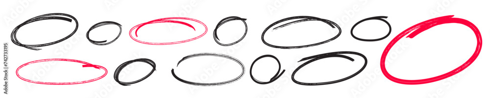 Hand drawn circle highlighter line sketch set. Vector marker circular lines, doodle round circles for message note mark design element. Pencil or pen bubble sketch