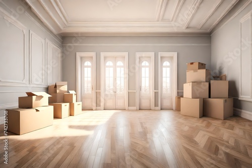 3D rendering of sunny but expensive empty living room with moving boxes in old city building of townhouse or apartment for rent or buy