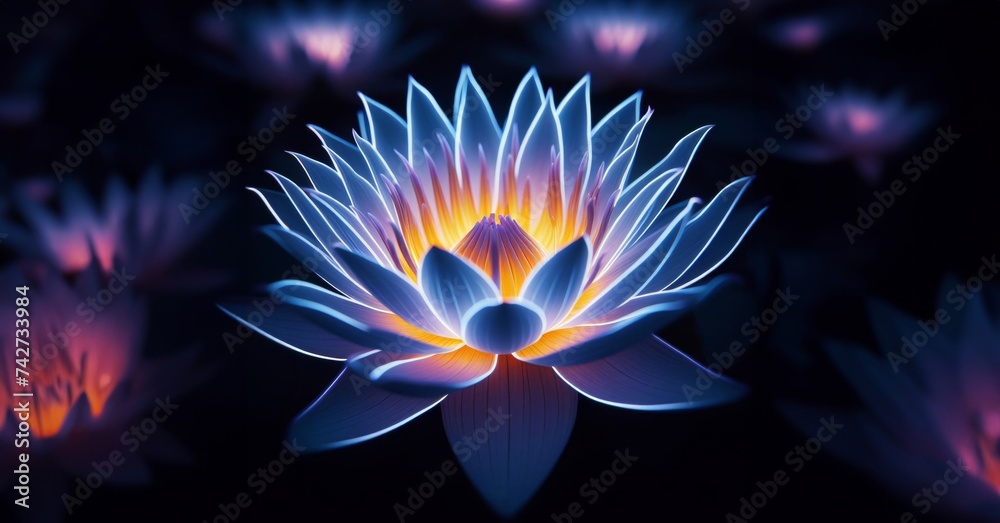 Beautiful glowing blue-purple lotus in the night, holy spiritual flower Beautiful glowing blue-purple lotus in the night, holy spiritual flower