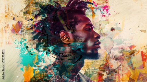 Visually striking collage portrait of a black skin man, incorporating various elements to celebrate individuality and diversity.

