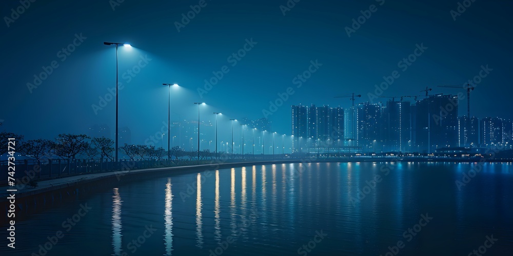 Cityscape at night with hydrogen fuel cell streetlights for clean energy. Concept Cityscape, Night Photography, Clean Energy, Hydrogen Fuel Cells, Urban Environment