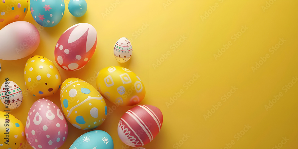 Colorful Easter Background With Easter Eggs, Bunny Ears, Painted Eggs, Rabbit, Eggs On Meadow - Ai Generated