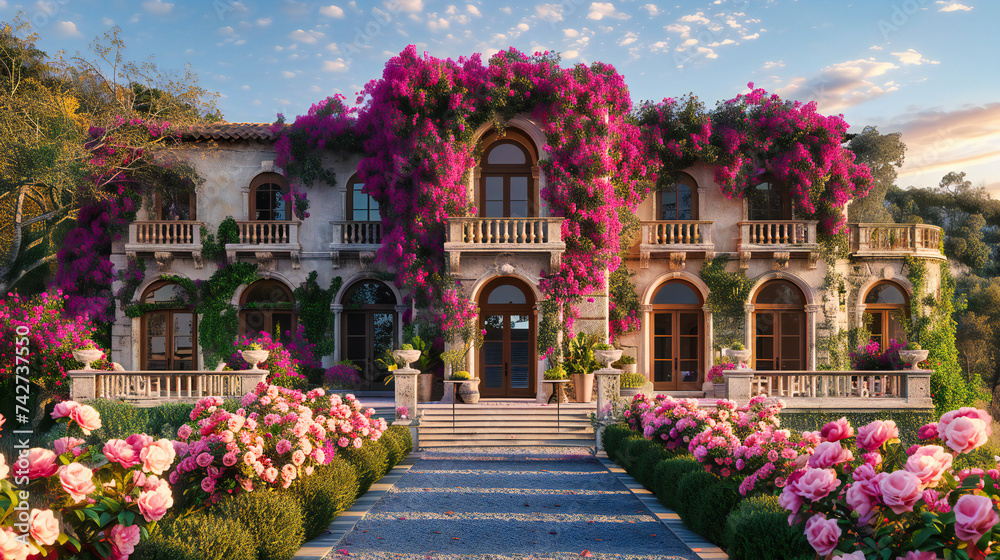Fototapeta premium Beautiful architecture with summer flowers, showcasing an old house with colorful exterior in a vibrant street