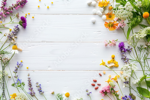 herbs and flowers are placed on the corner of a white wooden table