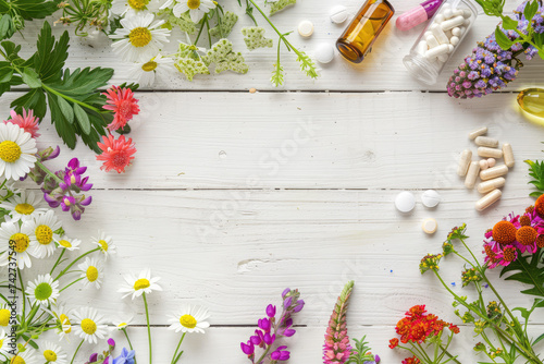 herbs and flowers are placed on the corner of a white wooden table