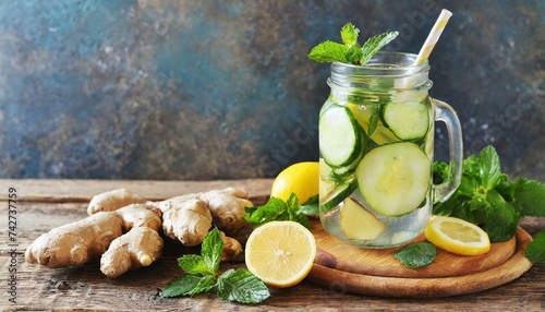 Infused detox water with cucumber, lemon, ginger and mint for diet healthy eating and weight