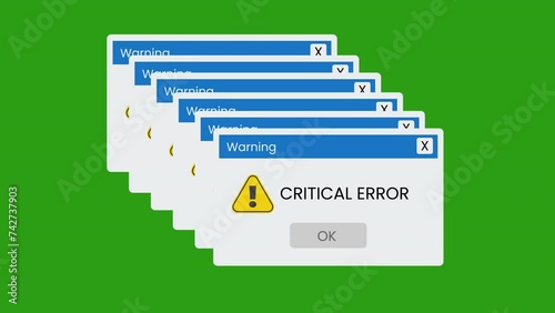 motion animation of a web browser window with critical error warning alert on a green background. photo