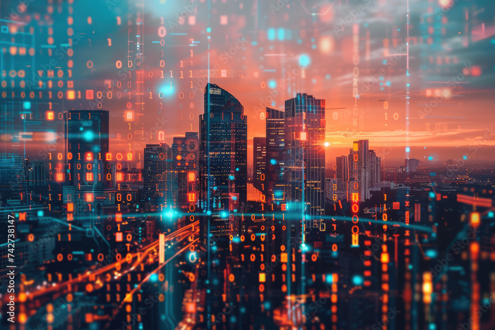 Futuristic city skyline merging with digital code, symbolizing business innovation Futuristic city skyline merging with digital code, symbolizing business innovation