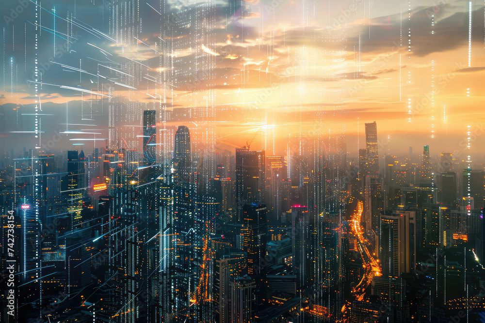 Futuristic city skyline merging with digital code, symbolizing business innovation
