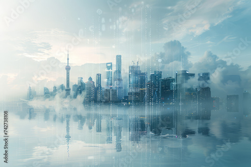 Futuristic city skyline merging with digital code, symbolizing business innovation © Kitta