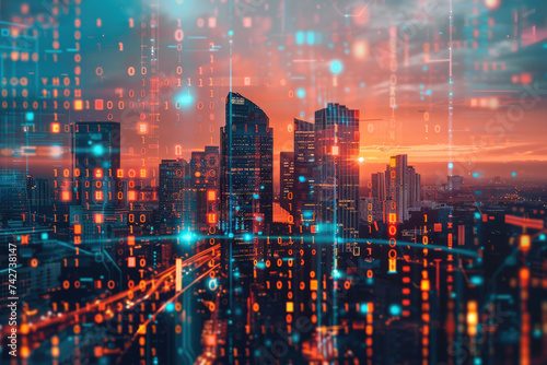 Futuristic city skyline merging with digital code  symbolizing business innovation