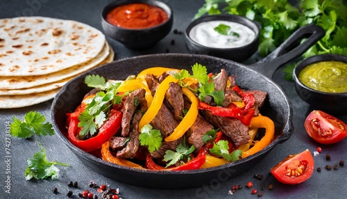 Beef Fajitas with colorful bell peppers in pan and tortilla bread and sauces 