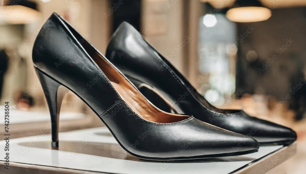Black leather high heel shoes in store. Woman footwear. Fashion boutique. Black leather high heel shoes in store. Woman footwear. Fashion boutique.