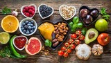 Selection of food that is good for the heart, rustic wood background 